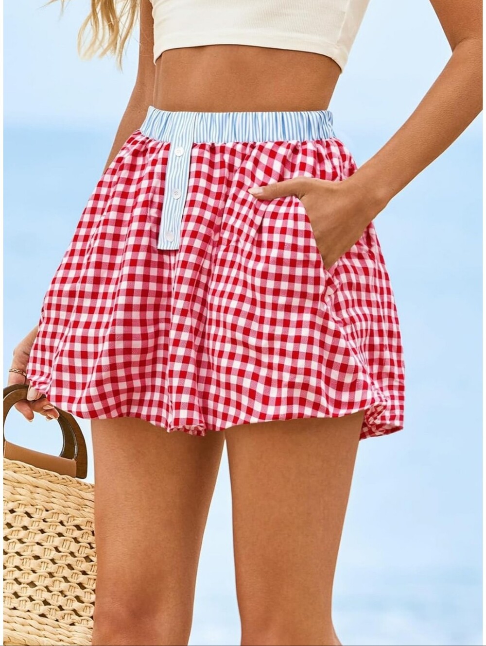 Gingham Bubble Mini Skort Red & White Size S